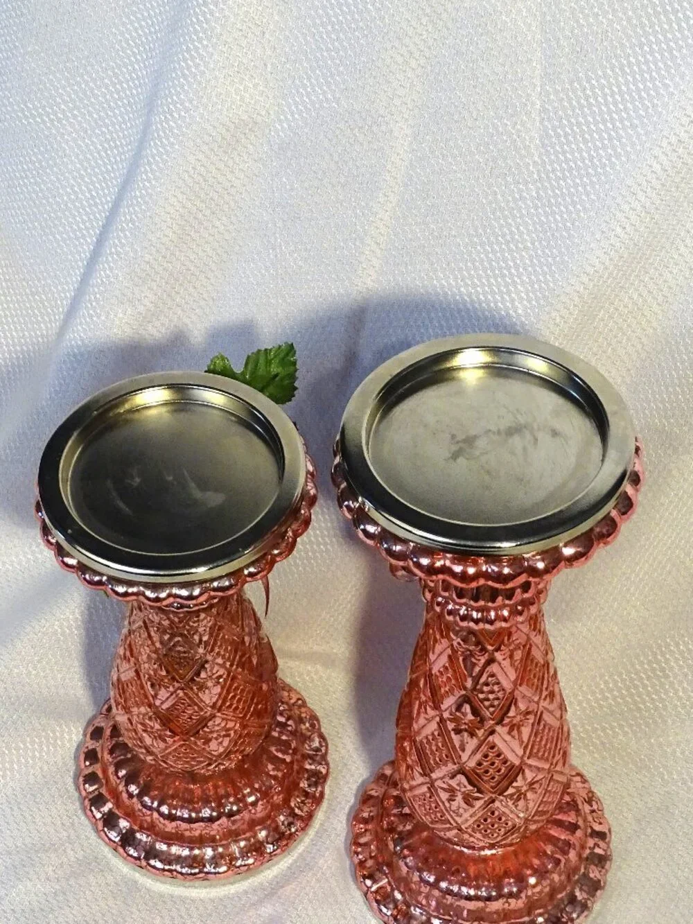 Pink Light  Up Glass Candlestick Holders with Glass Grapes